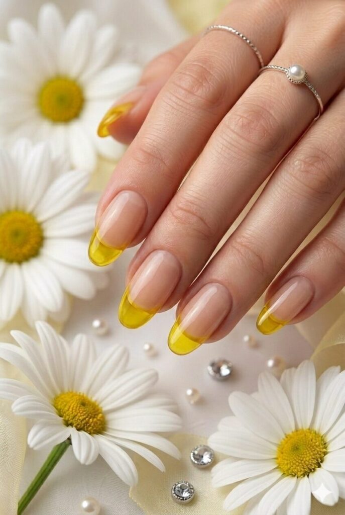 Canary glass tip yellow prom nails with glossy jelly yellow tips over a natural base