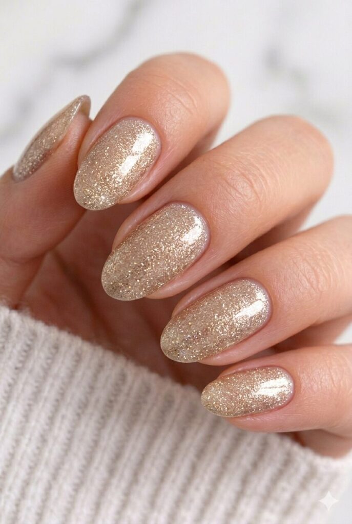 Champagne shimmer graduation nails with soft golden sparkle for an elegant and polished 2026 look