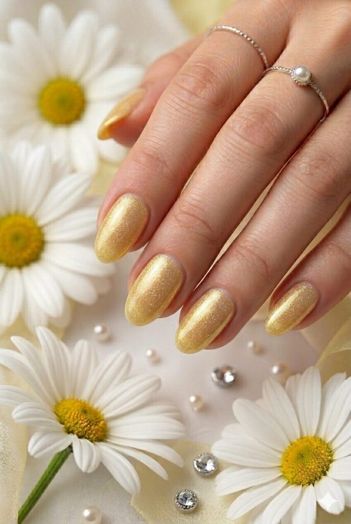 Champagne yellow shimmer prom nails with warm golden sparkle for a luxurious look