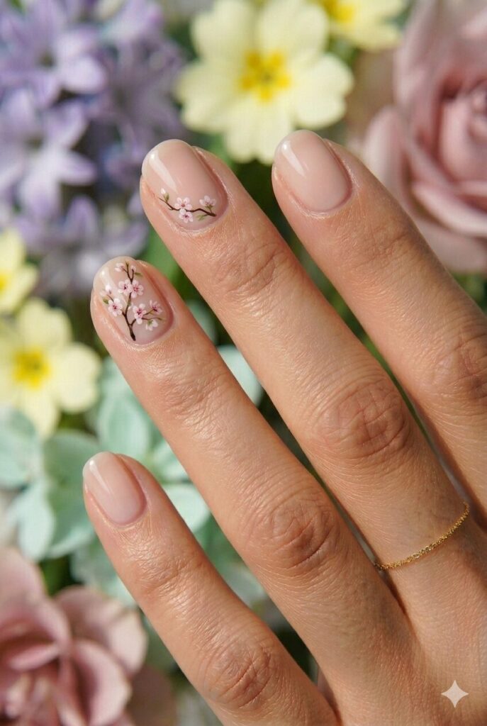 May nail designs with cherry blossom branch art on a pale pink base for a graceful spring manicure