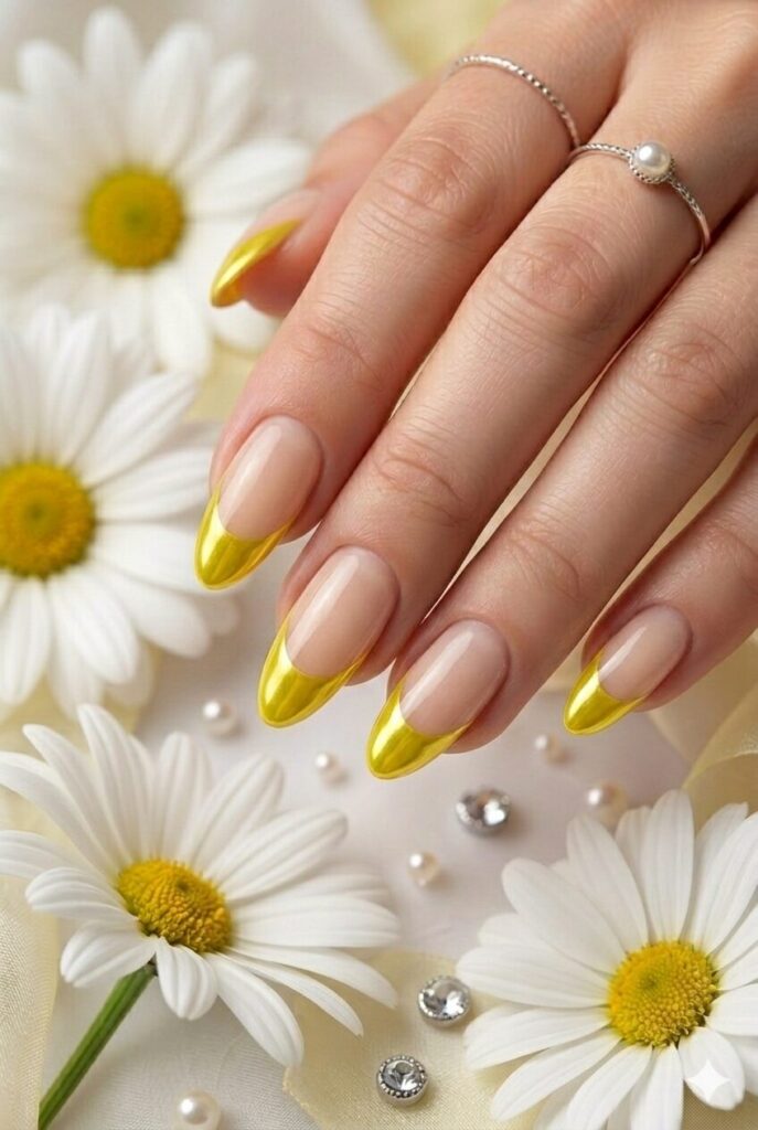 Citrus chrome tip yellow prom nails with bright chrome yellow tips on a natural base