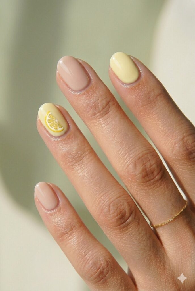 Simple May nail ideas with a pale yellow and nude base plus tiny citrus slice accent art