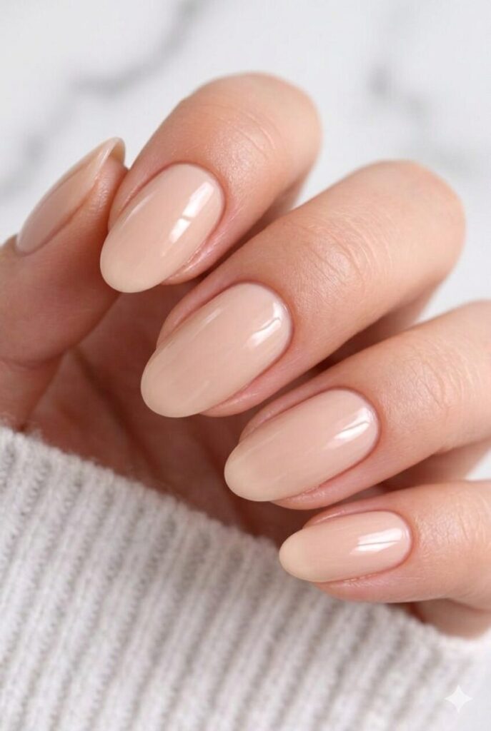 Classic nude graduation nails with a glossy finish and elegant oval shape for a clean ceremony-ready look