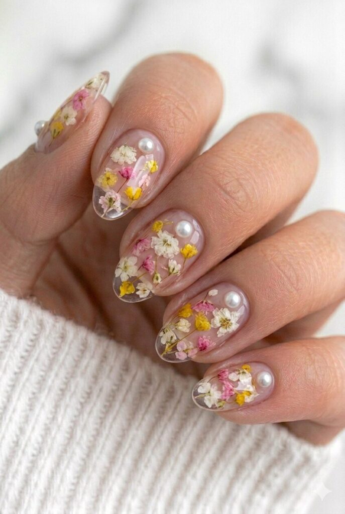 Clear graduation nails with real pressed flowers sealed in glossy gel for a delicate floral design