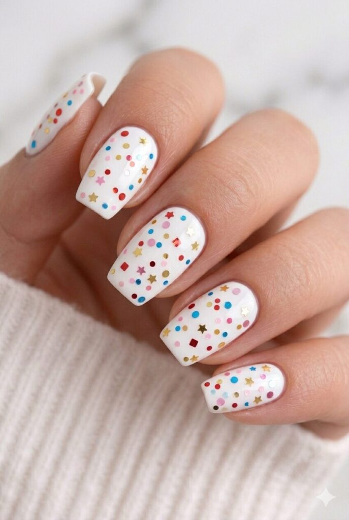 Confetti graduation nails with colorful shapes on a clear base for a fun celebration-ready look