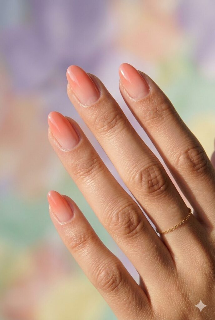 Simple May nails with a soft coral petal fade effect for a warm and glowing spring manicure
