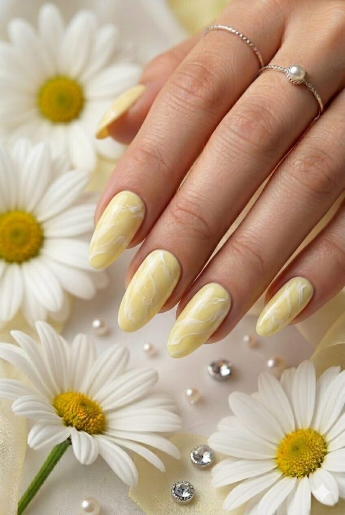 Creamy yellow marble prom nails with soft white swirls for an artistic formal manicure