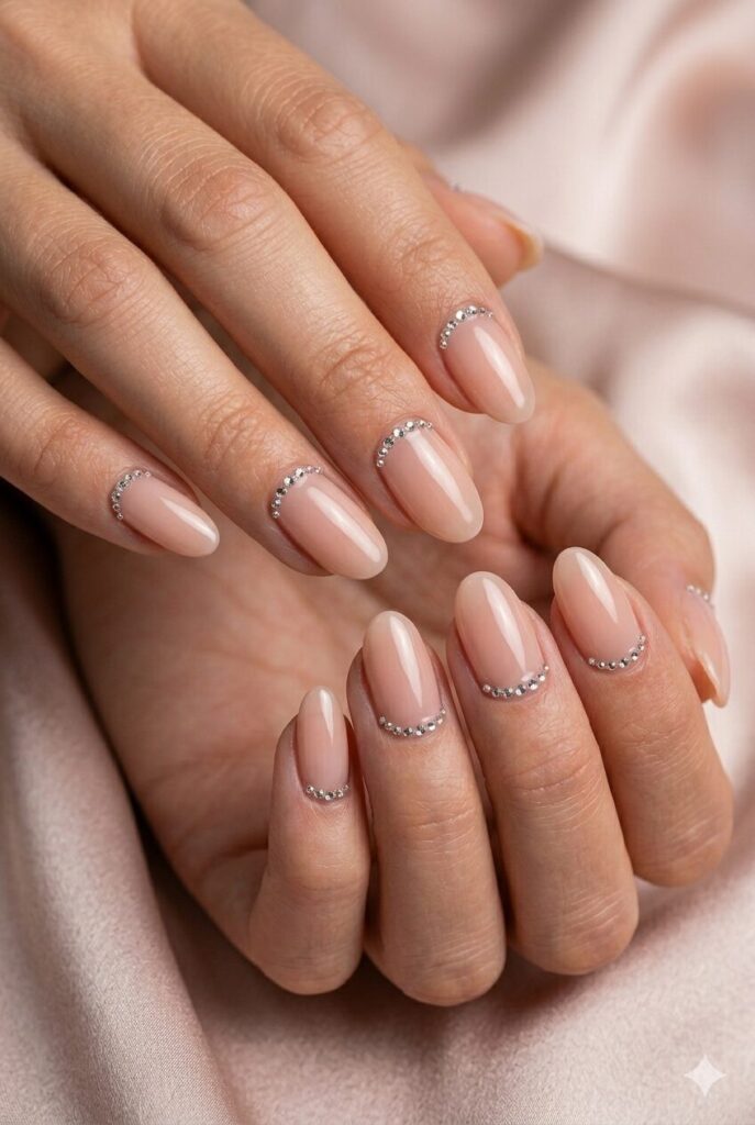 Nude prom nails with tiny crystal cuticle details for a clean and elegant sparkle effect