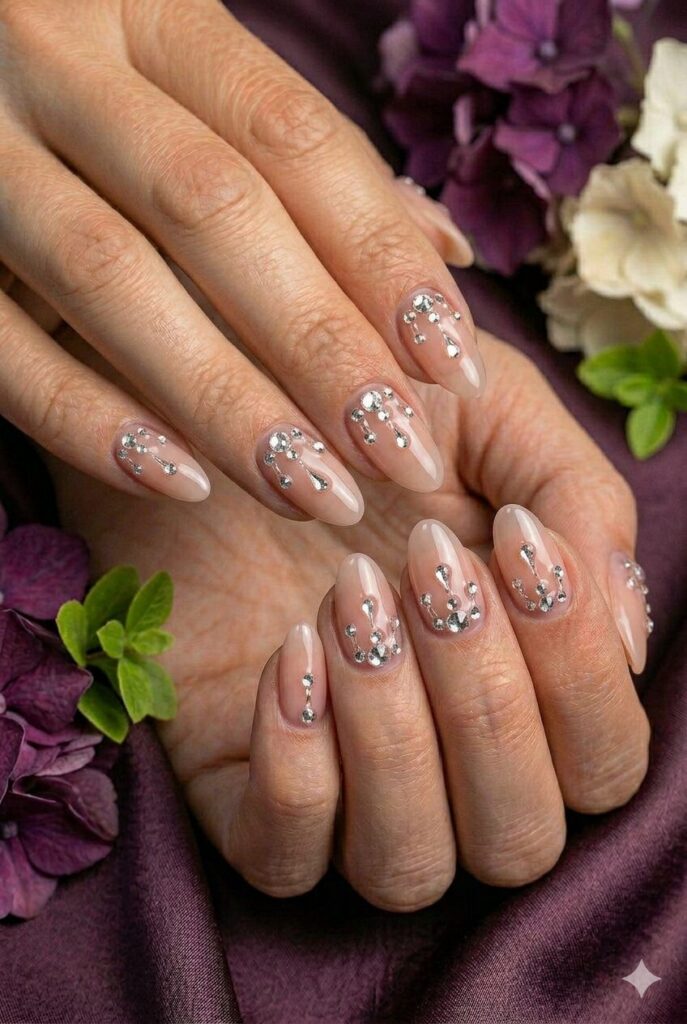 Nude prom nails with crystal drip details for a glamorous and eye-catching manicure