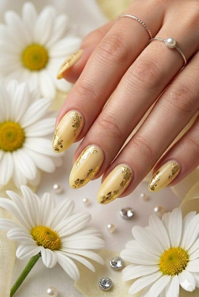 Custard gold foil yellow prom nails with creamy polish and gold foil accents