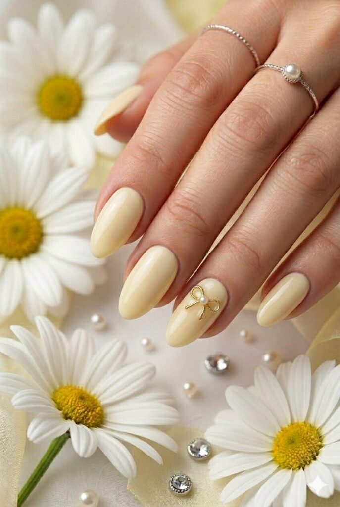 Dainty yellow bow prom nails with a tiny bow accent for a sweet feminine manicure