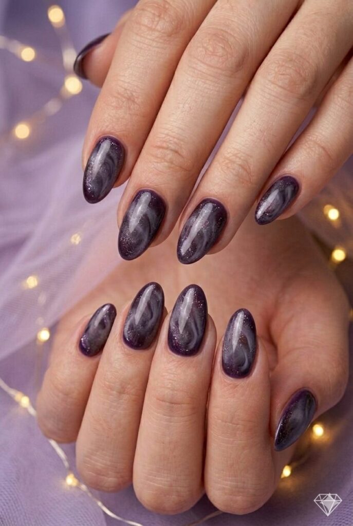 Deep amethyst smoke purple prom nails with dark purple base and soft smoky effect