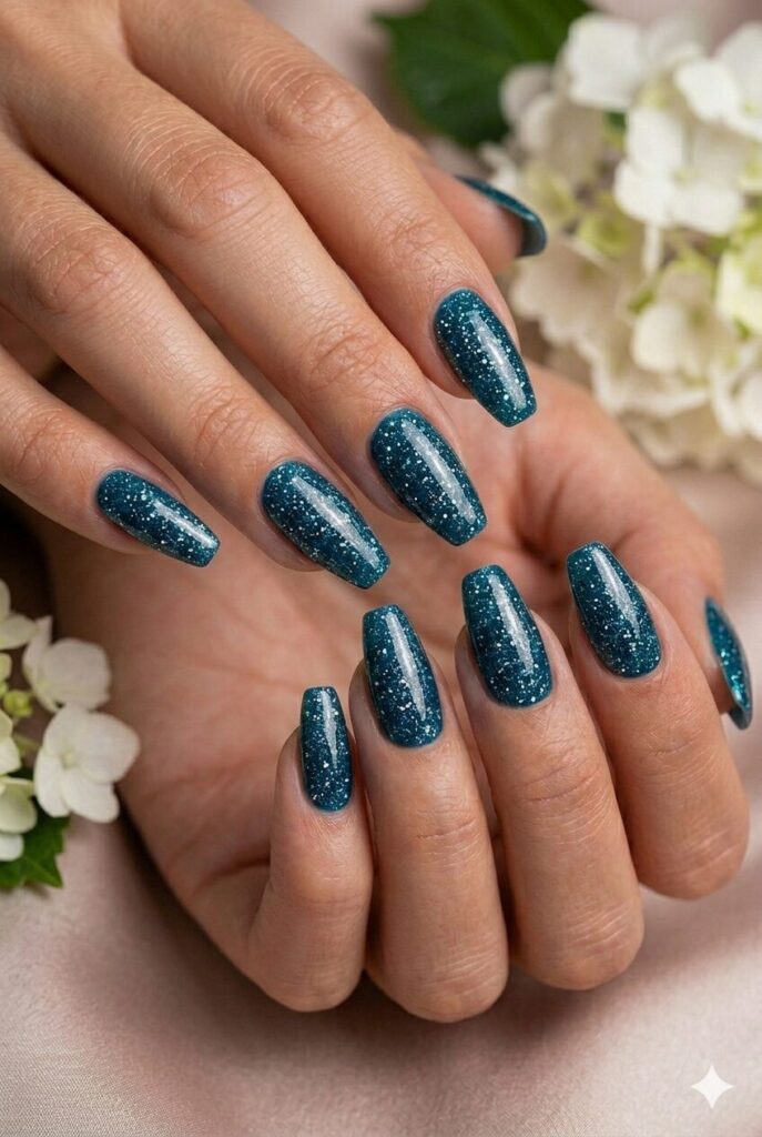 Deep ocean sparkle prom nails with rich teal blue glitter for a bold glamorous manicure