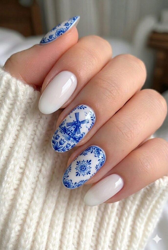 Delft accent blue prom nails with milky base and delicate porcelain-inspired blue art