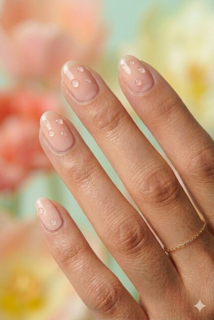 Simple May nails with a sheer nude pink base and glossy dew drop details for a fresh spring look