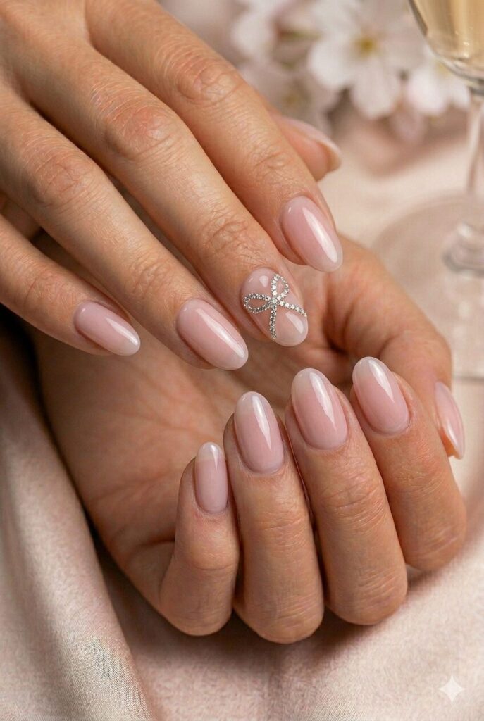 Prom nails with a diamond ribbon accent on a glossy base for a feminine dressy style