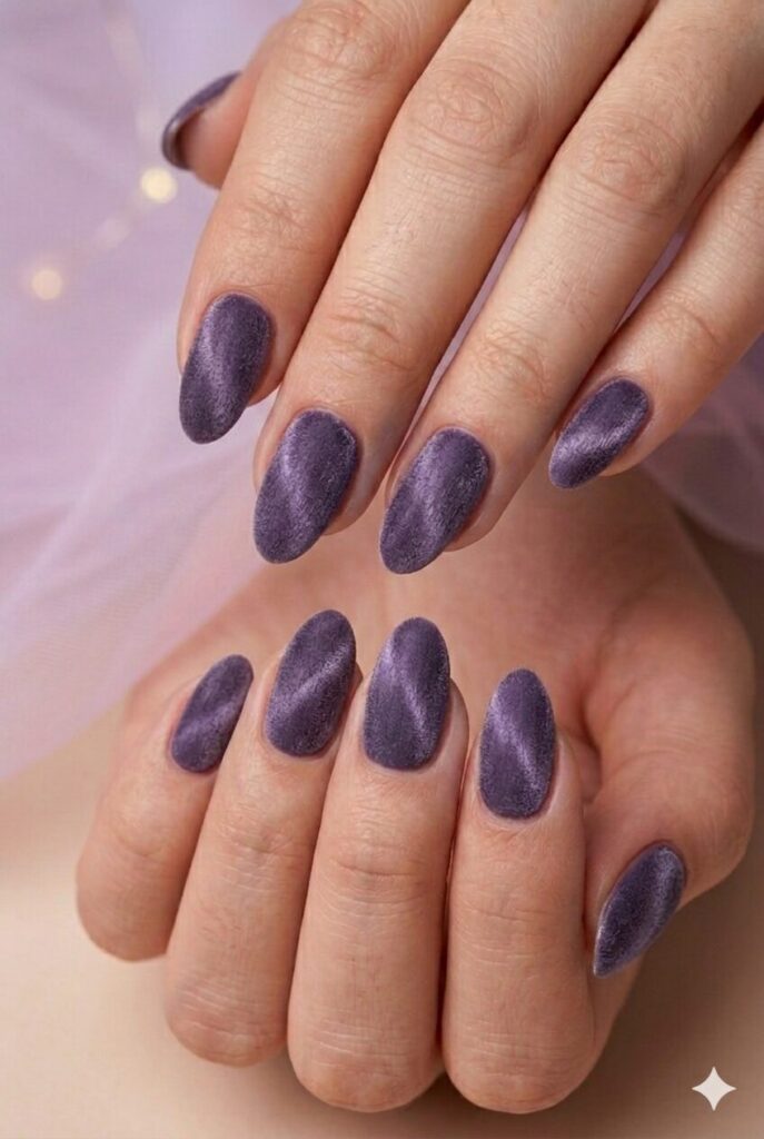 Dusty iris velvet purple prom nails with a muted purple velvet finish for a rich formal look
