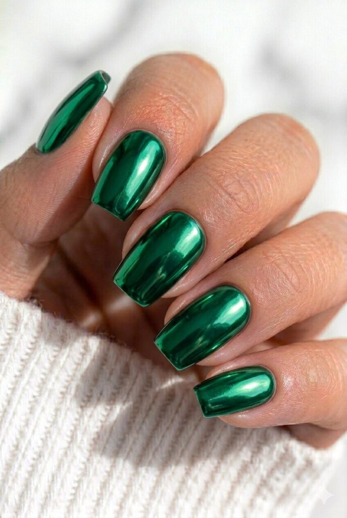 Emerald green chrome graduation nails with a metallic mirror finish for a bold statement manicure