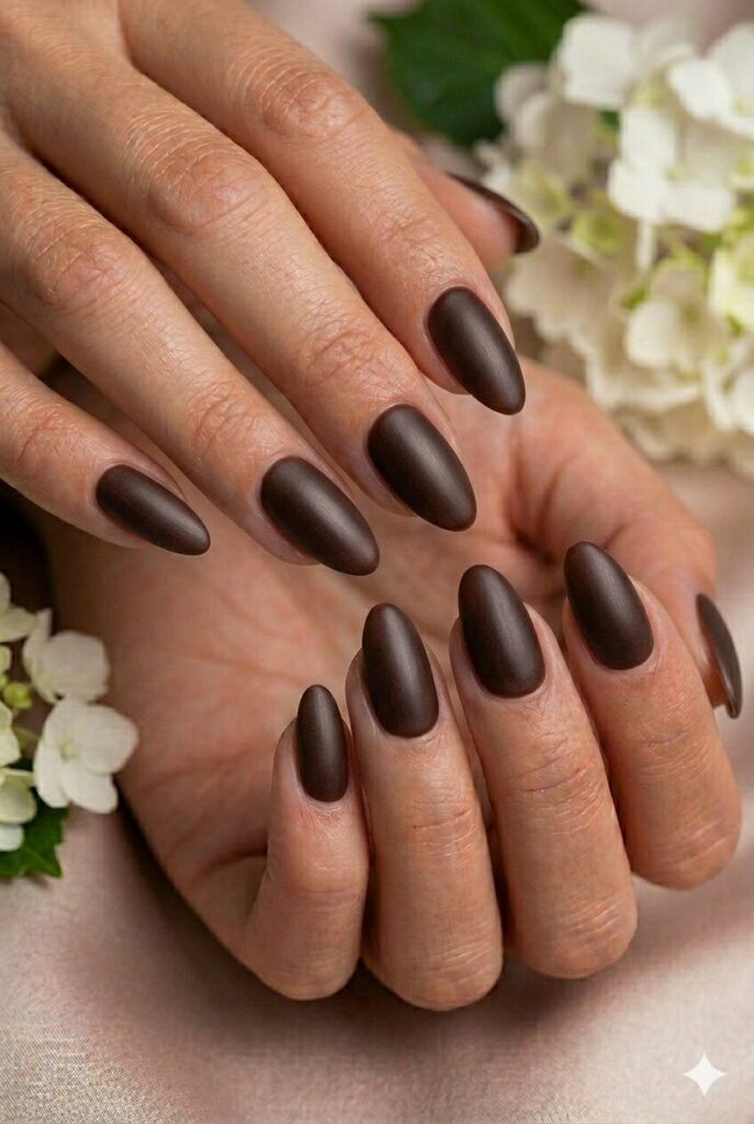 Espresso satin prom nails with a deep brown velvety finish for a stylish modern look