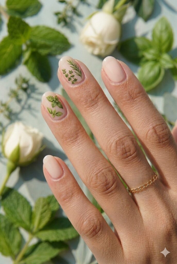 Simple May nails with a milky nude base and tiny herb sprig nail art inspired by basil thyme and rosemary