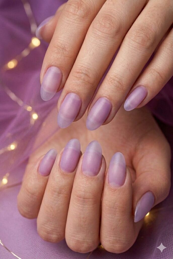 Frosted lavender glass purple prom nails with a sheer lavender tone and frosted finish