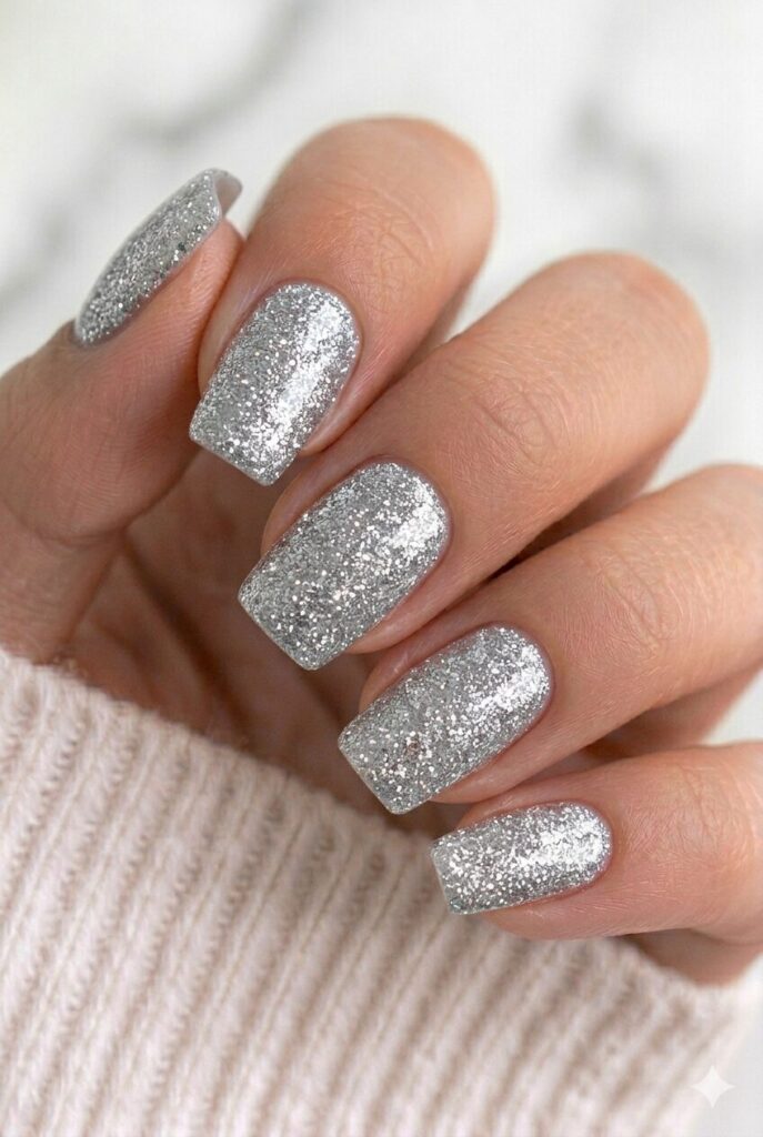 Full coverage silver glitter graduation nails that sparkle brightly for a bold party-ready manicure
