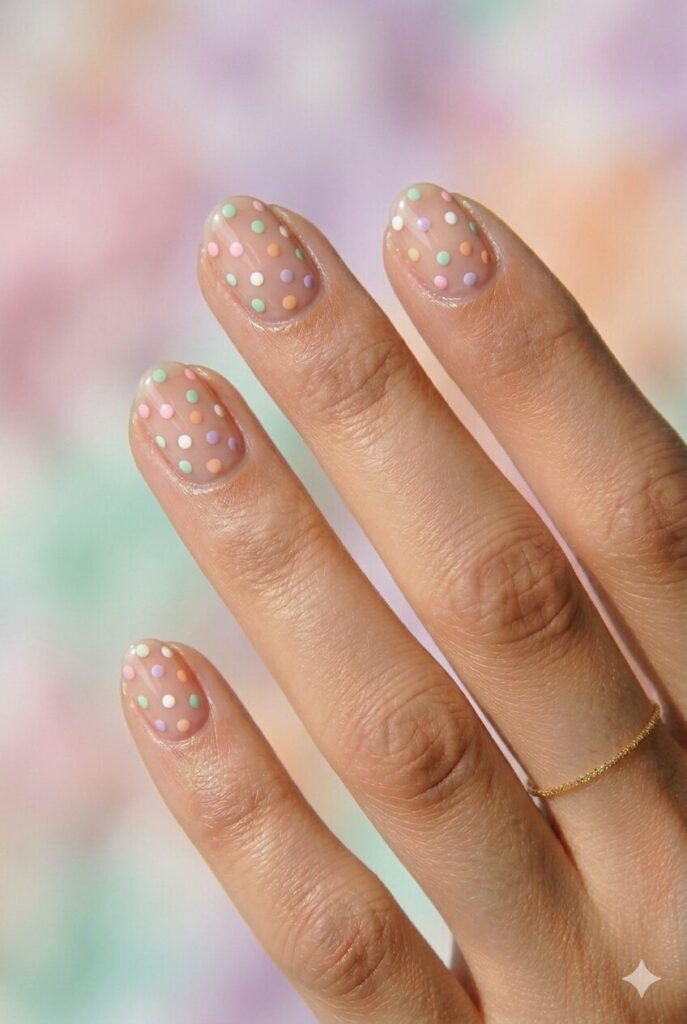 May nails with pastel polka dots on a nude base for a cheerful garden party spring manicure