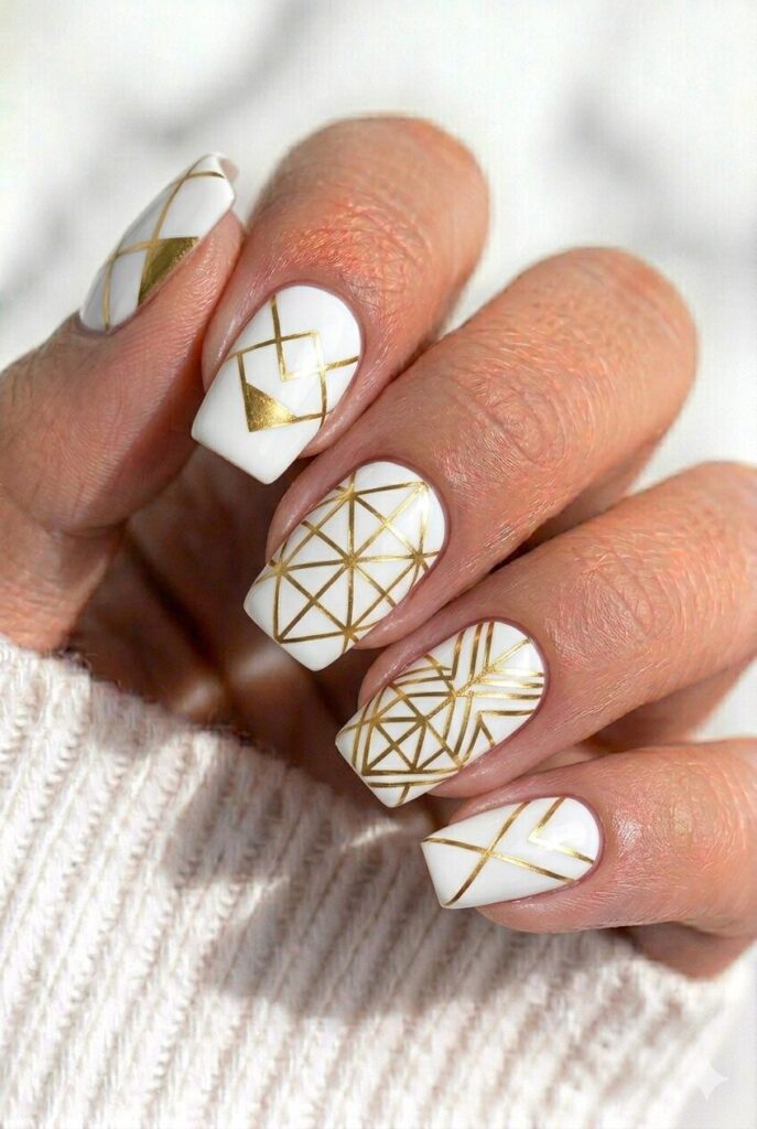 White graduation nails with geometric gold lines for a modern and artistic manicure