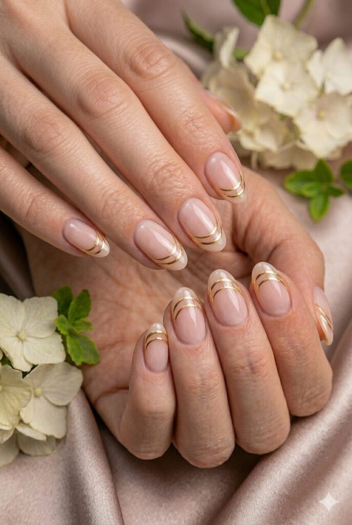 Nude prom nails with thin gold arc details for a delicate and luxurious formal look