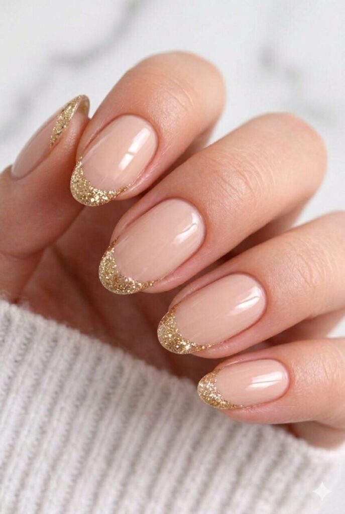 Graduation nails with a nude base and sparkling gold glitter tips for a classy and celebratory manicure