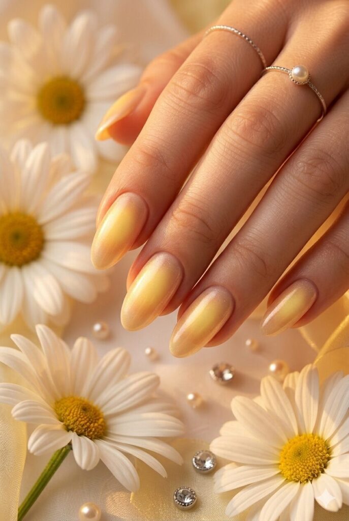 Golden hour aura yellow prom nails with a glowing center and warm faded edges
