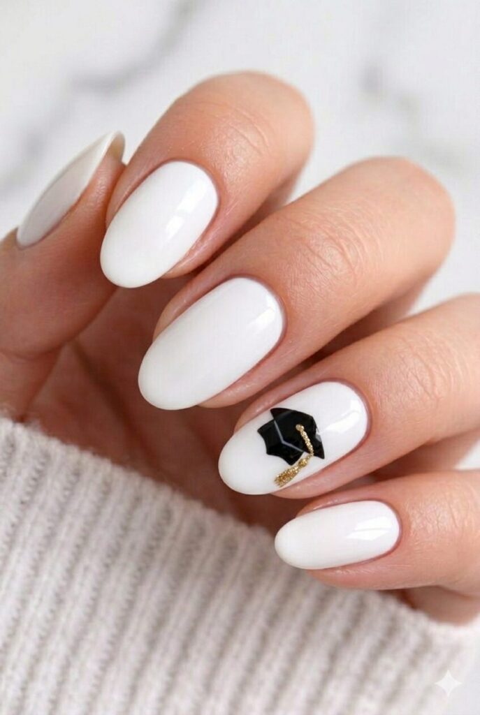 White graduation nails with a tiny black graduation cap and gold tassel accent nail design