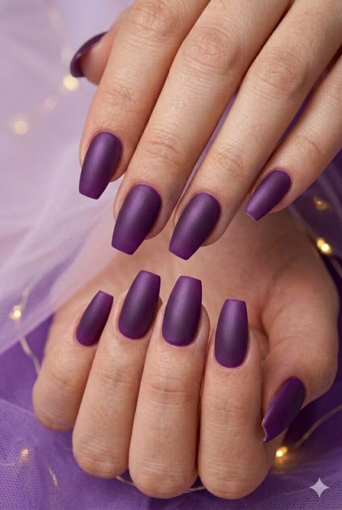 Grape satin coffin purple prom nails with rich grape color and smooth satin finish