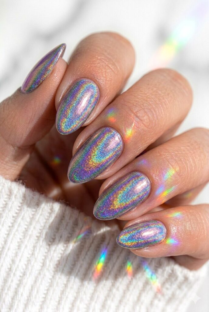 Holographic rainbow graduation nails with multi-color shine for a fun and futuristic manicure