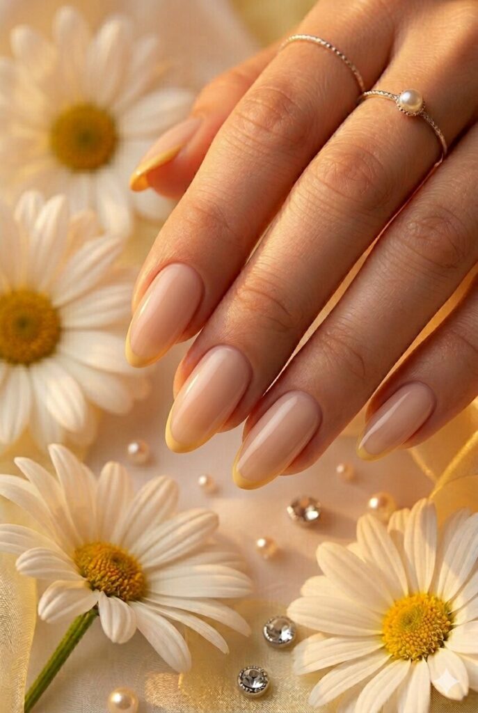 Honey French outline yellow prom nails with thin yellow tips over a nude base