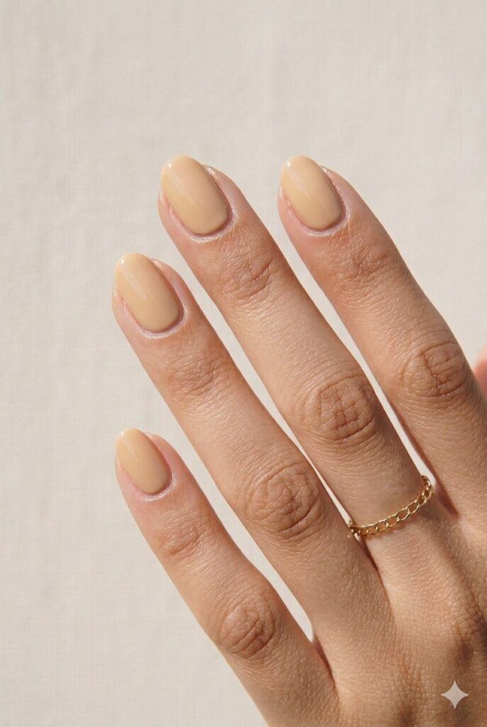 Simple May nail ideas in a warm honey oat nude shade with a clean glossy finish