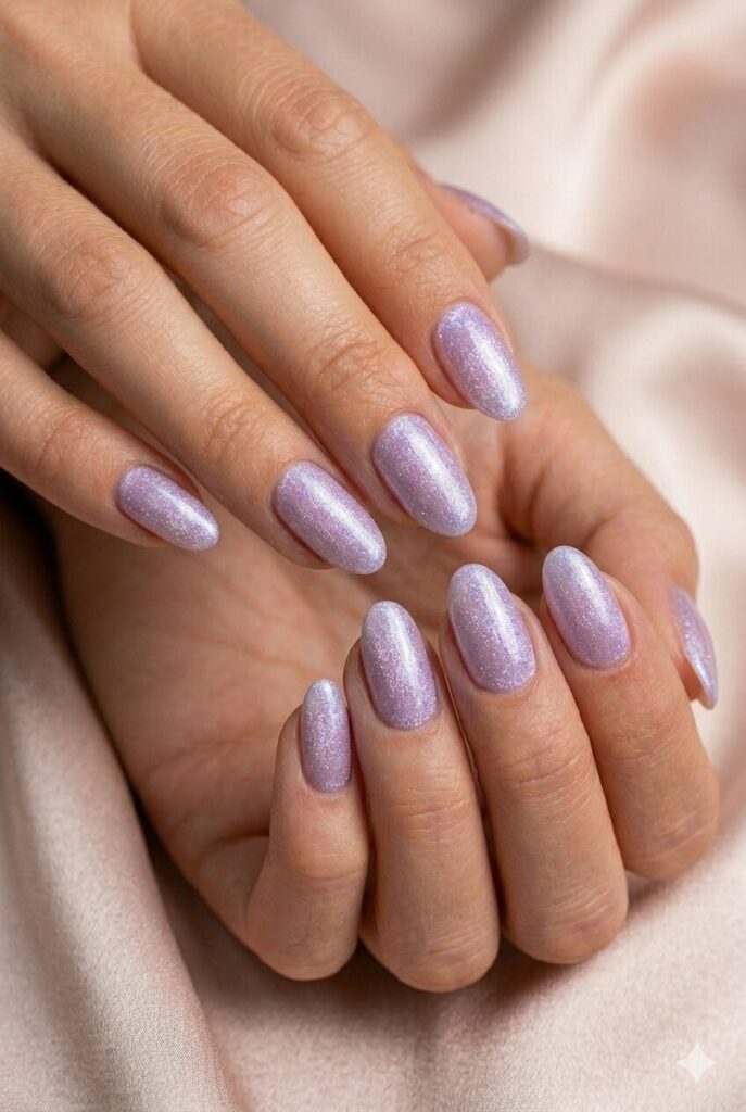 Icy lilac shimmer prom nails with a frosty purple glow for a soft dreamy look
