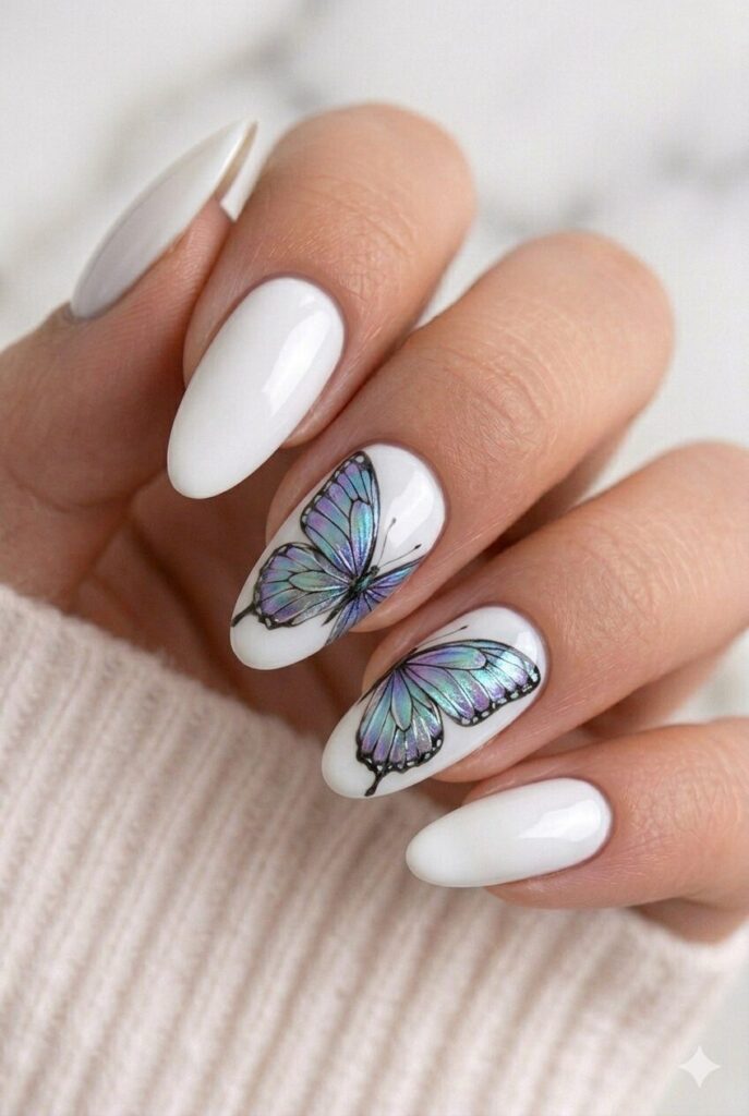 Iridescent butterfly wing graduation nails with color-shifting detail for a symbolic 2026 look