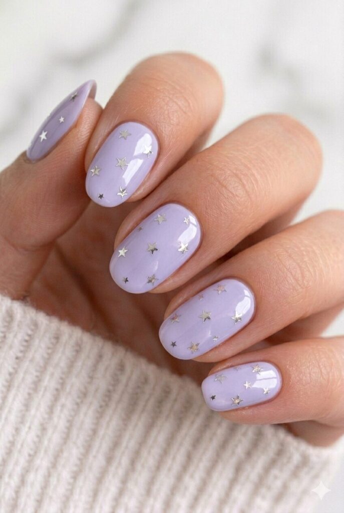Soft lavender graduation nails with tiny silver stars for a dreamy and magical nail design