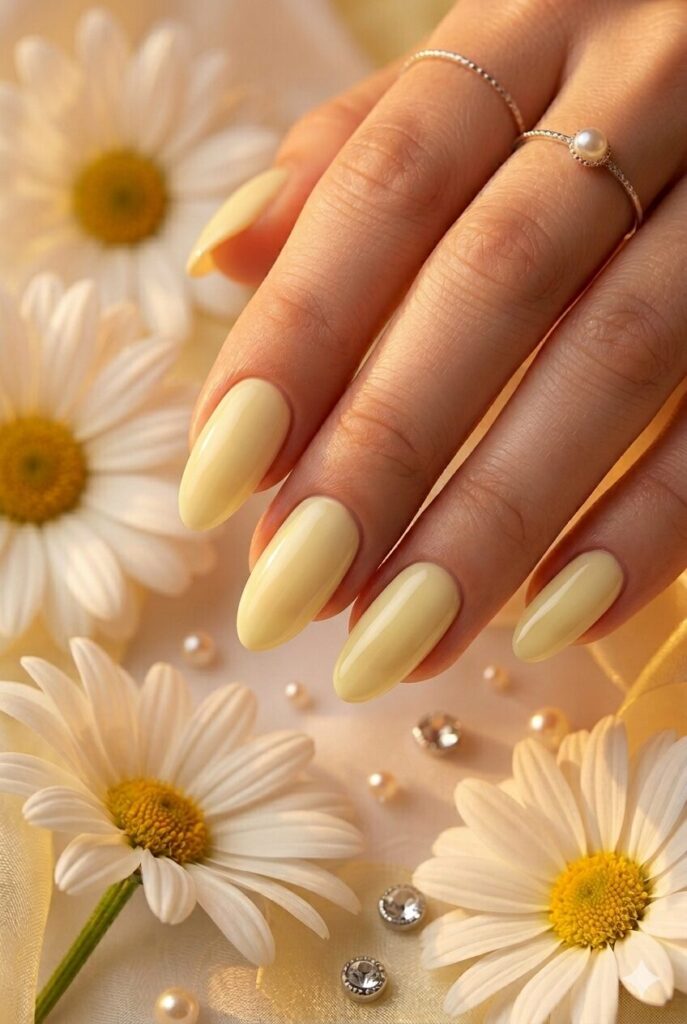 Lemon silk almond yellow prom nails with a creamy glossy finish for an elegant formal look