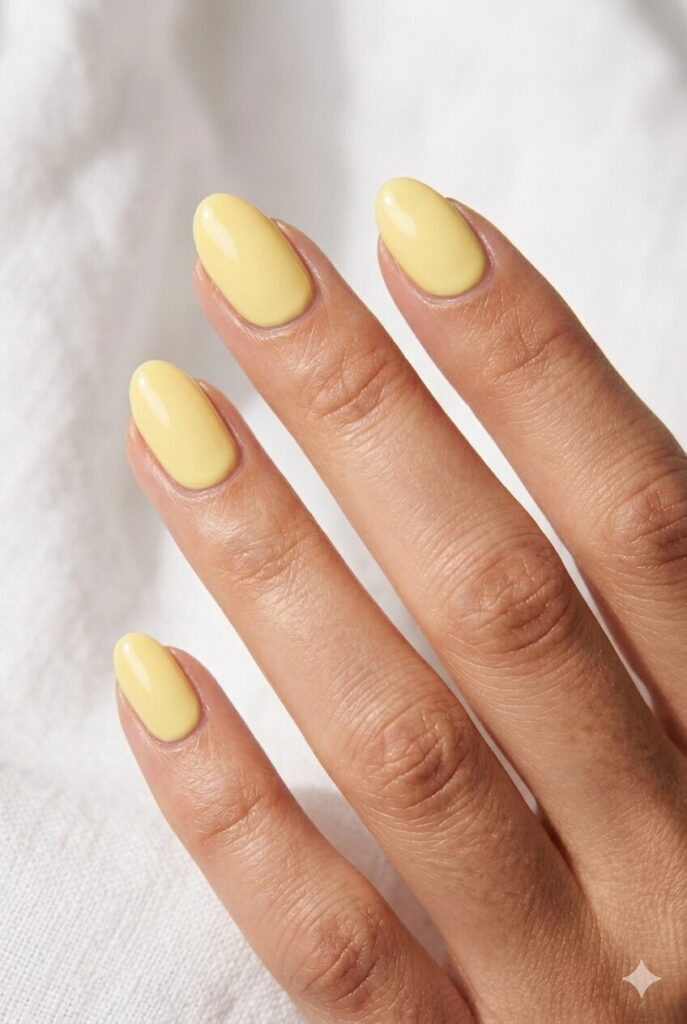 Simple May nails in a creamy lemon sorbet yellow shade with a glossy spring finish