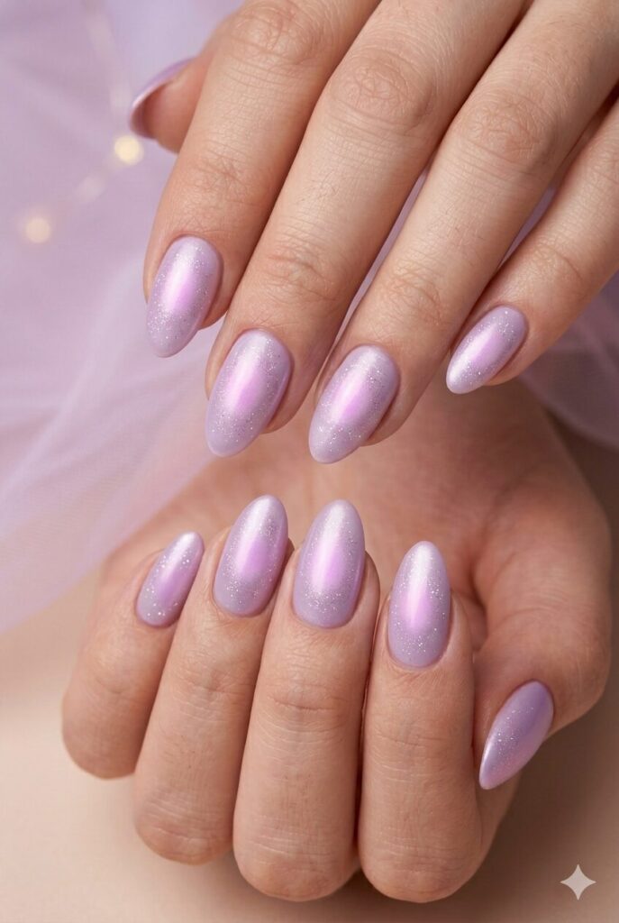 Lilac halo spark purple prom nails with pale purple base and glowing center shimmer