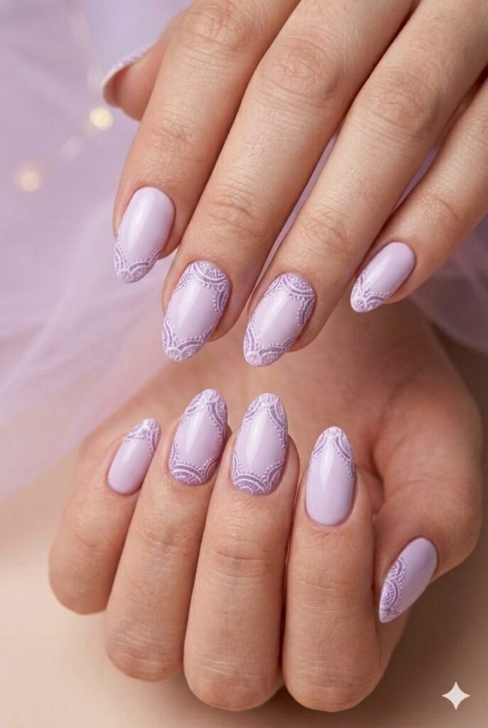 Lilac lace frame purple prom nails with pale purple base and delicate lace edge details