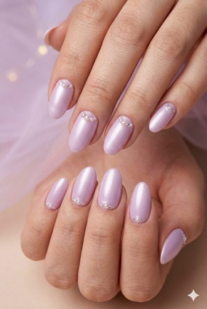 Lilac pearl crescent purple prom nails with soft lilac base and pearl cuticle accents
