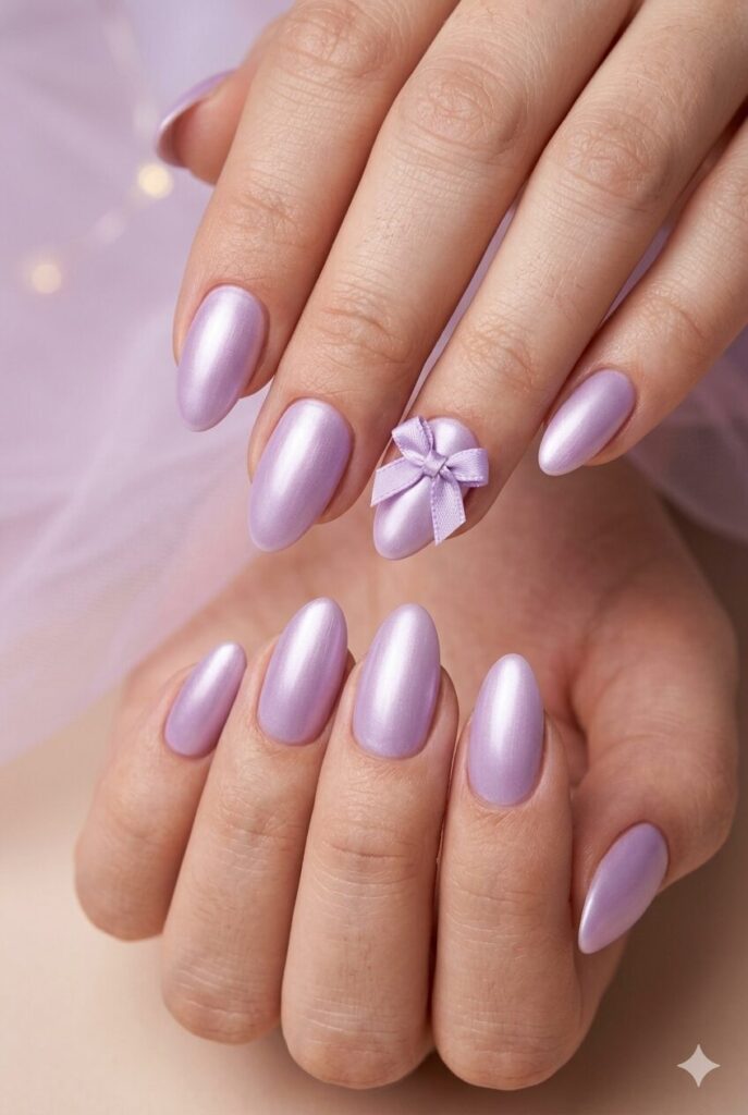 Lilac satin ribbon purple prom nails with a soft silky finish for a sweet elegant formal look