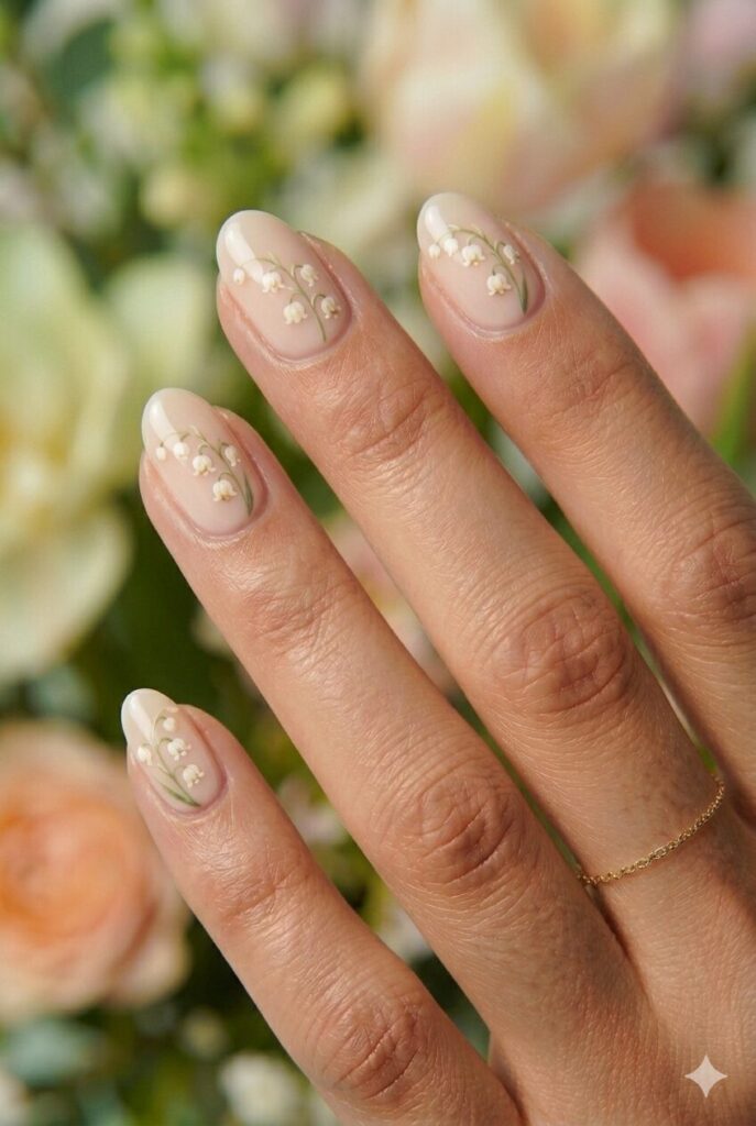 May nail ideas with lily of the valley flowers on a milky nude base for an elegant spring design