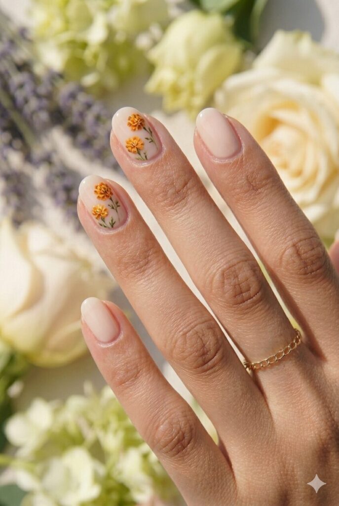 May nail ideas with a cream nude base and marigold flower accent nails for a cheerful spring manicure