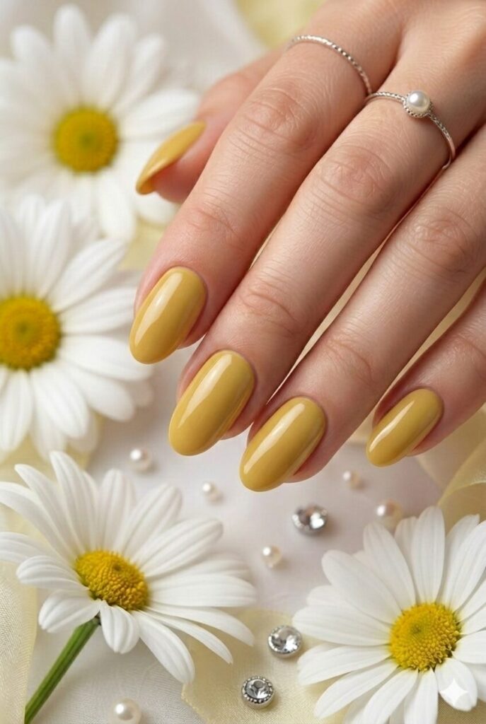 Mellow mustard gloss prom nails with a rich muted yellow shine for a bold formal look