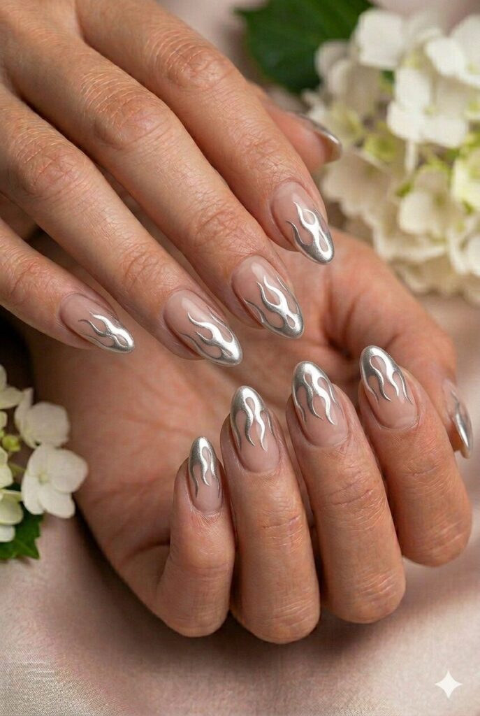 Clear and nude prom nails with metallic silver flame art for a bold trendy design