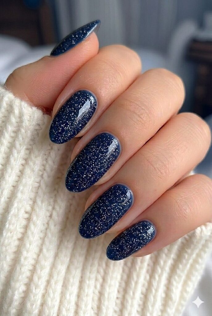 Midnight blue micro glitter prom nails with dark blue base and fine sparkle